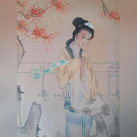Antique Original Chinese Iridescent Hand Painted Geisha Art Piece on Silk #2 - Picture 6 of 11